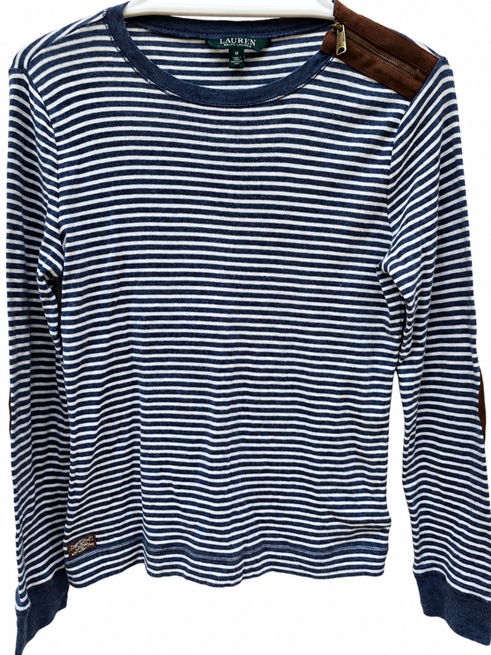 Lauren Ralph Lauren Striped Long Sleeve Shirt with Brown Elbow Patch